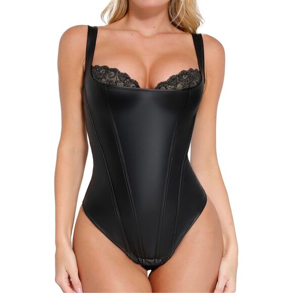 POPILUSH Shapewear Faux Leather Lace Balconette Sculpting Bodysuit 📦 - Picture 1 of 14